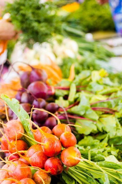 Mucchio fresco di prodotti al mercato dell'agricoltore locale.