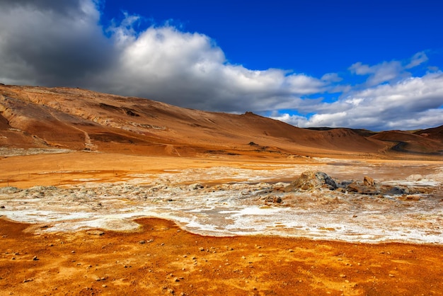 Mudpots nell'area geotermica Hverir Islanda L'area intorno al fango bollente è multicolore e screpolata