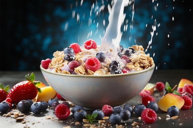 Muesli con ciotola per la colazione con spruzzi di latte e frutti di bosco