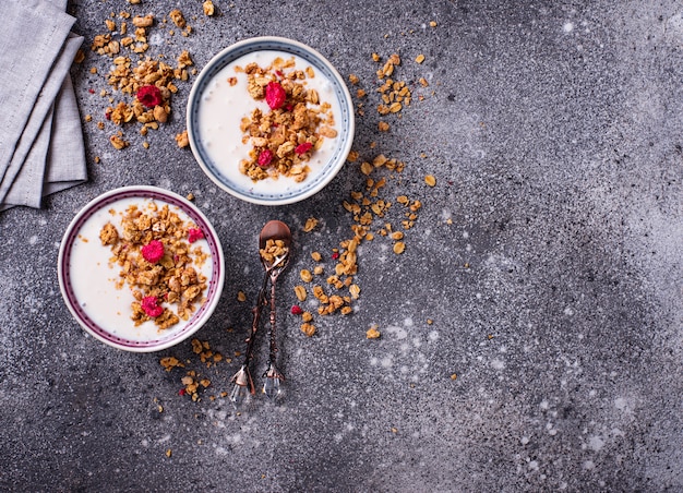 Muesli con yogurt e lamponi secchi