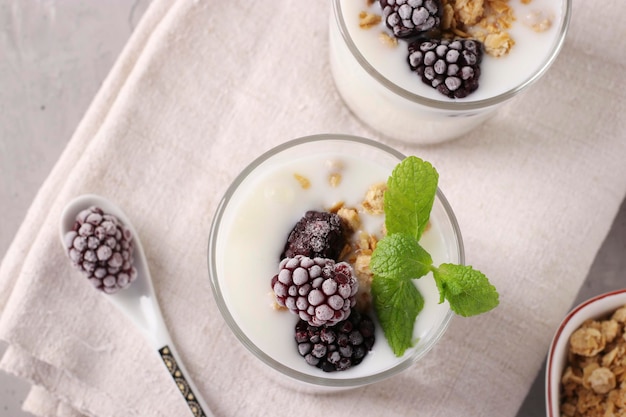 Muesli croccante al miele di muesli con yogurt naturale frutti di bosco surgelati e menta in bicchieri