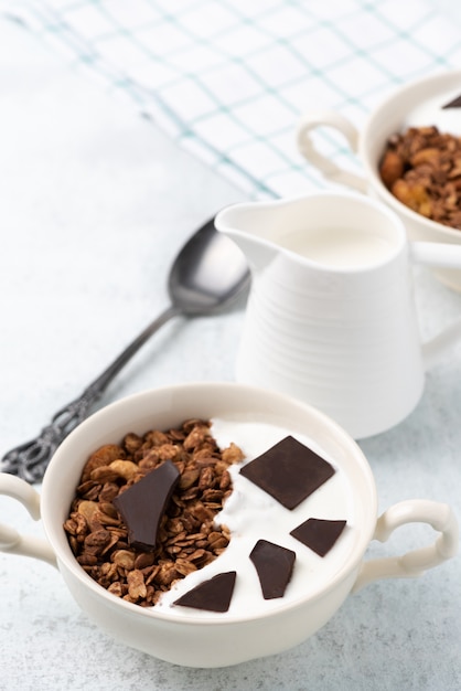 Muesli, farina d'avena con cibo al cioccolato