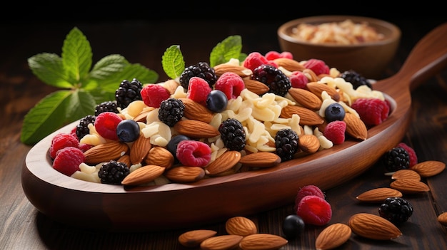 Muesli naturale fatto in casa con bacche di miele e noci in un cucchiaio di legno