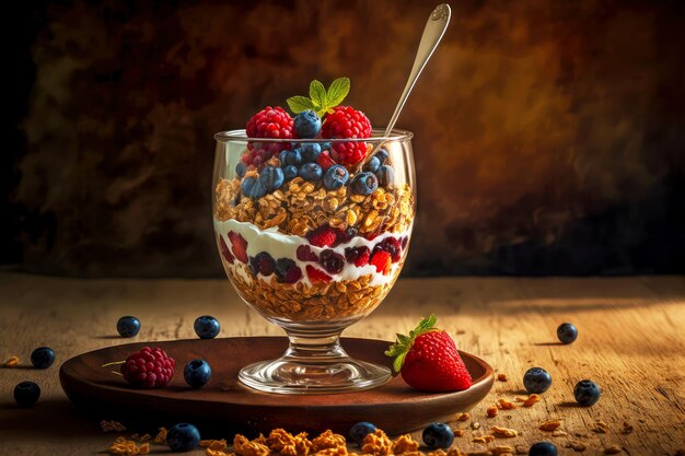 Muesli sano fatto in casa con frutti di bosco in tazza di vetro