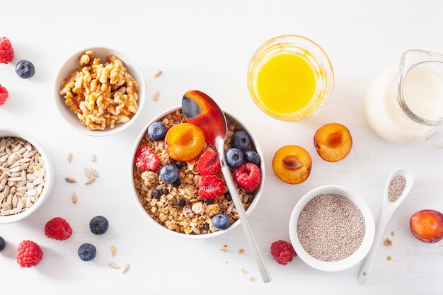 Muesli sano per la colazione con noci di frutti di bosco, latte vegano