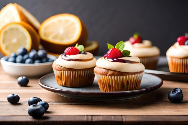 muffin ai mirtilli con zucchero a velo e frutti di bosco freschi