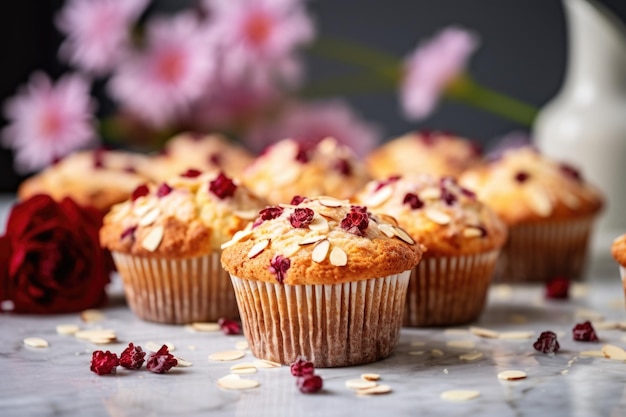 Muffin ai mirtilli rossi disposti su un ripiano in marmo