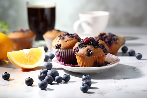 Muffin ai mirtilli su un piatto con limoni e una tazza di caffè