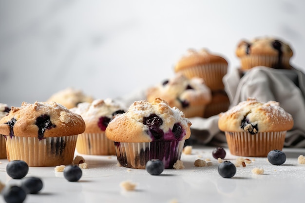 Muffin ai mirtilli su un piatto con mirtilli sul tavolo in uno sfondo sfumato