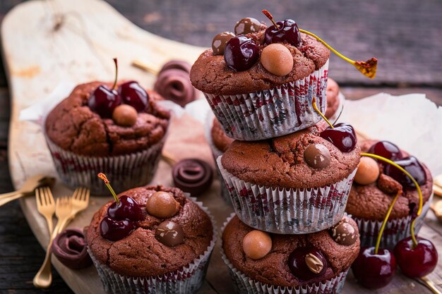 Muffin al cioccolato con ciliegie e gocce di cioccolata