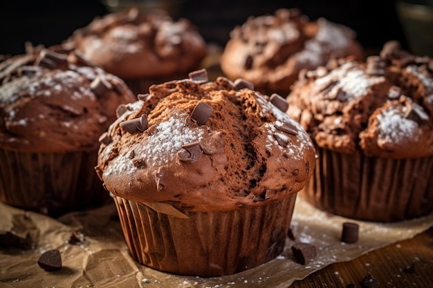 Muffin al cioccolato con semi di caffè su sfondo beige