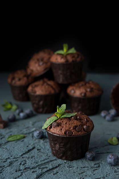 Muffin al cioccolato fatti in casa con bacche di mirtillo e gocce di cioccolato