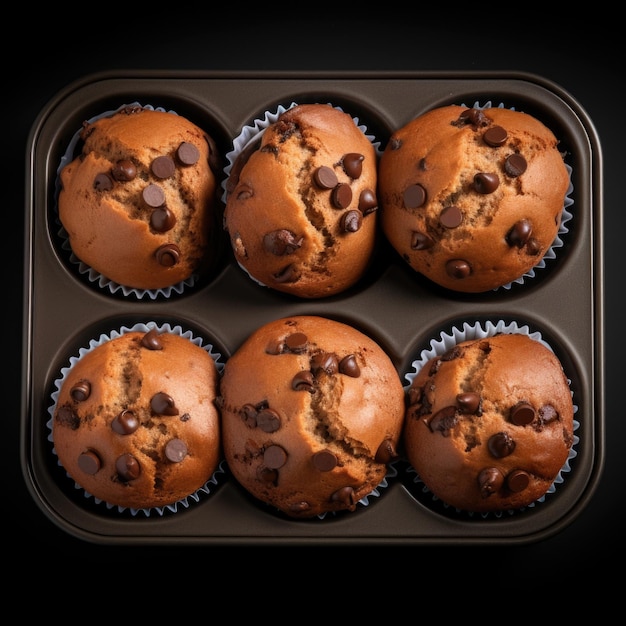 Muffin al cioccolato in una scatola da pranzo vista dall'alto isolati su sfondo bianco AI generativa