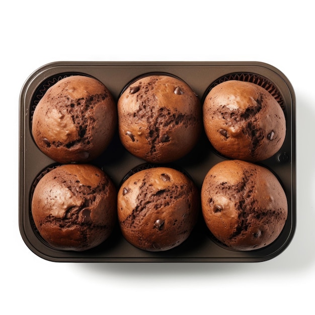Muffin al cioccolato in una scatola da pranzo vista dall'alto isolati su sfondo bianco AI generativa