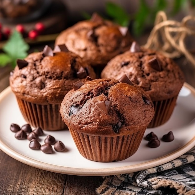 Muffin al cioccolato su un piatto su uno sfondo di legno Messa a fuoco selettiva