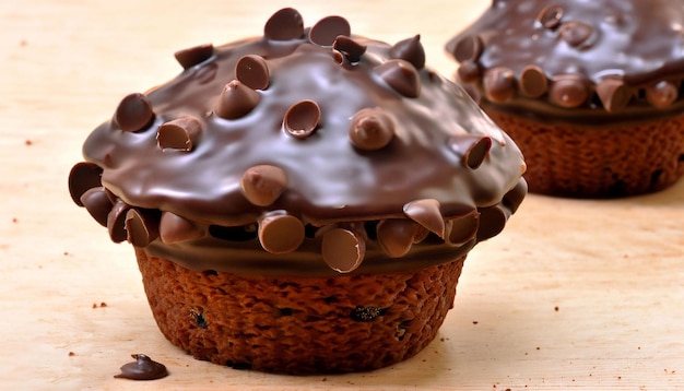 Muffin al cioccolato su una tavola di legno con scaglie di cioccolato in cima