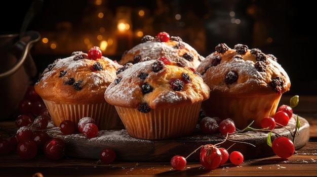 Muffin al cioccolato sul tavolo con sfondo sfocato