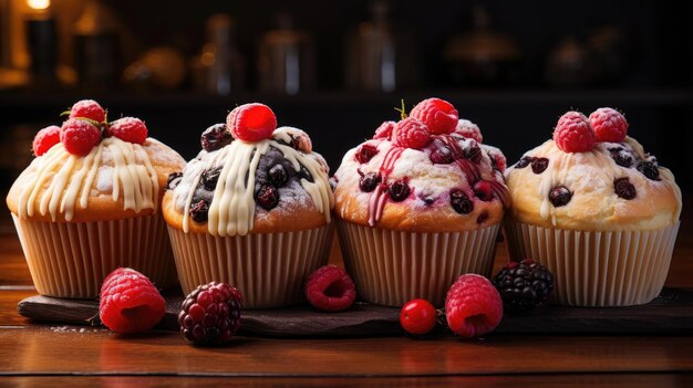 Muffin al cioccolato sul tavolo con sfondo sfocato