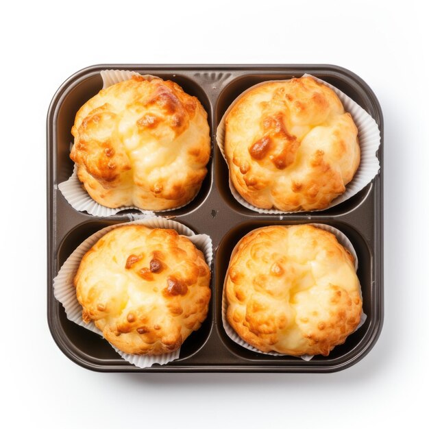 Muffin al formaggio cottage in una scatola da pranzo vista dall'alto isolata su sfondo bianco AI generativa