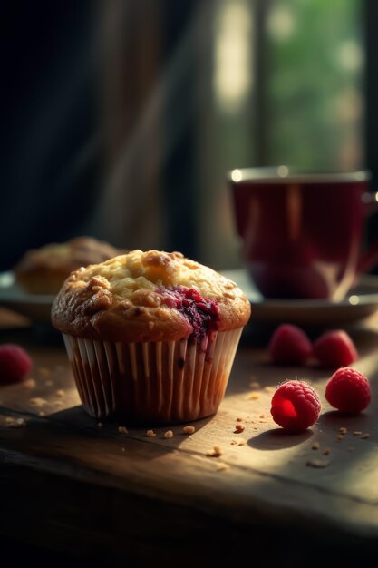 Muffin al lampone su un piatto con caffè o tè in sottofondo