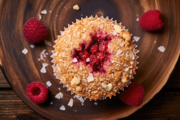 Muffin al lampone visto dall'alto su una superficie di legno