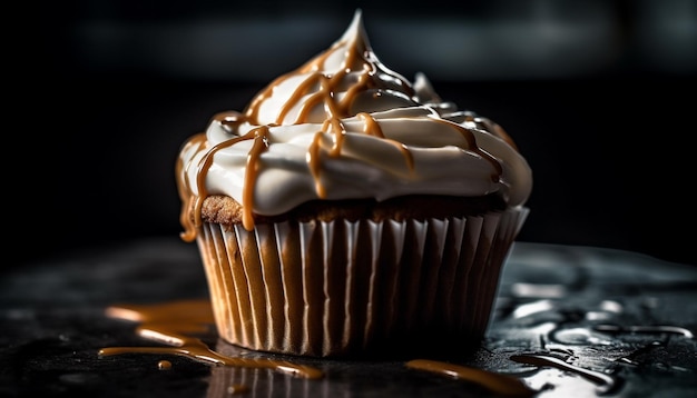 Muffin con gocce di cioccolato appena sfornato, un dolce piacere per festeggiare generato dall'intelligenza artificiale