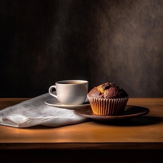 Muffin e una tazza di caffè su un tavolo di legno IA generativa