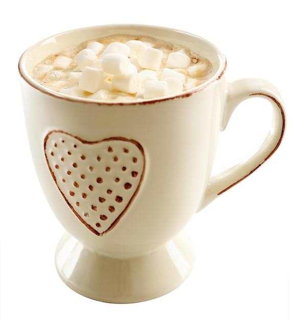 Mug of hot chocolate with marshmallows isolated on white