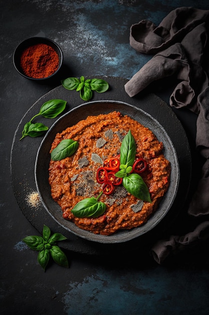 Muhammara Snack orientale su uno sfondo di cemento scuro IA generativa