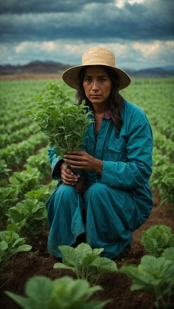 Mujer Agricultora Sosteniendo Planta Verde En Campo de Cosecha