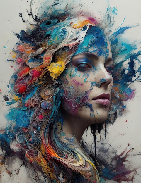 Mujer hermosa y colorida flujo de tinta fotorrealista gouache fluido abstracta detallada