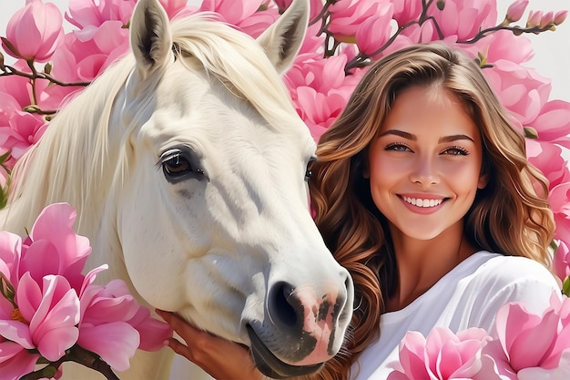 mujer joven cabello oscuro con un caballo blanco y flores rosas fotografa dibujo cabello largo