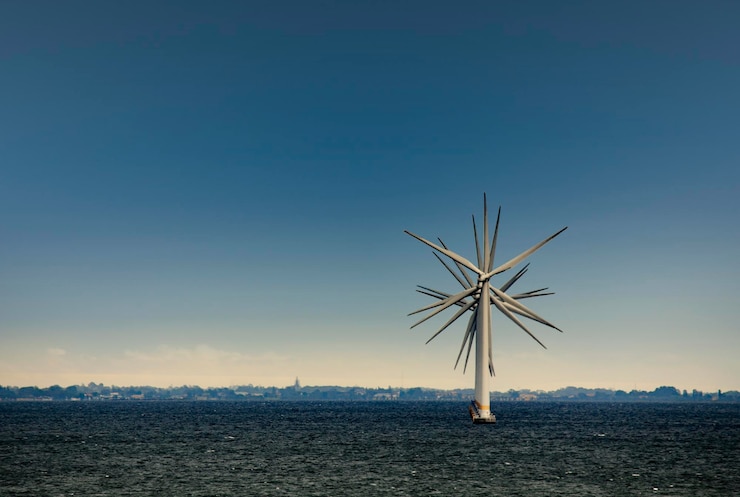 Foto mulini a vento in mare contro il cielo blu
