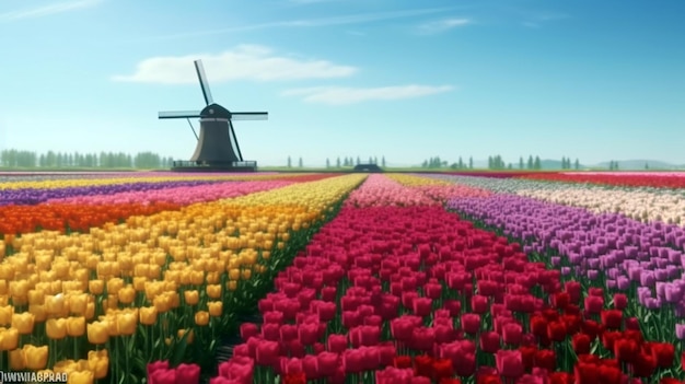 mulino a vento nel campo di tulipani di bel colore