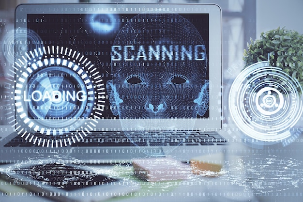 Multi eksposur komputer desktop dan hologram tema teknologi Konsep pengembangan perangkat lunak