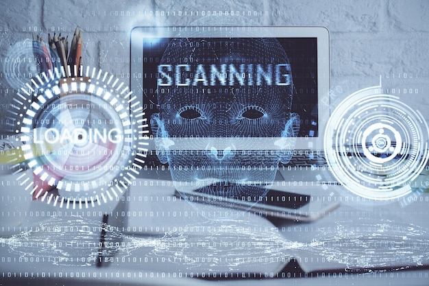 Multi eksposur komputer desktop dan hologram tema teknologi Konsep pengembangan perangkat lunak