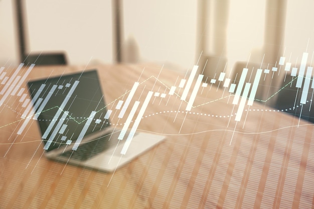 Multi esposizione del diagramma finanziario astratto sul concetto bancario e contabile di sfondo del computer