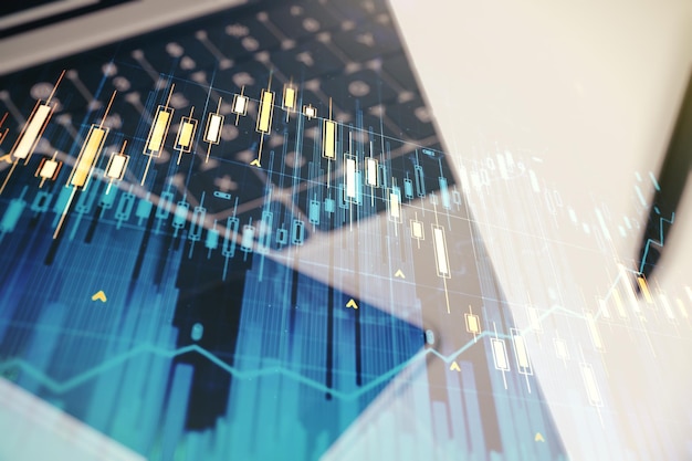 Multi esposizione del diagramma finanziario astratto sul concetto bancario e contabile di sfondo del computer