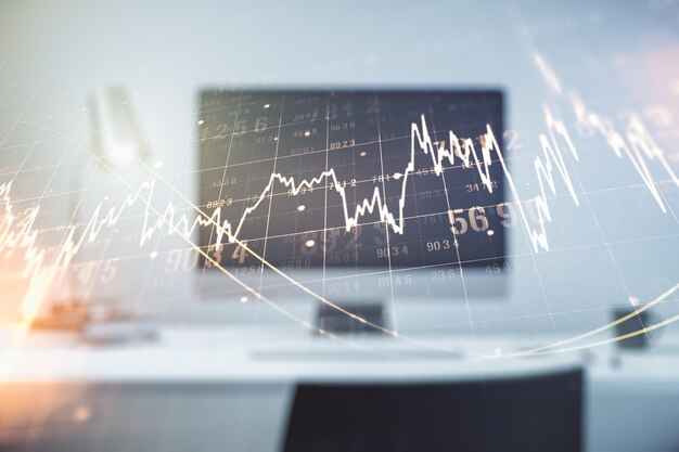 Multi esposizione del diagramma finanziario astratto sul concetto bancario e contabile di sfondo del computer