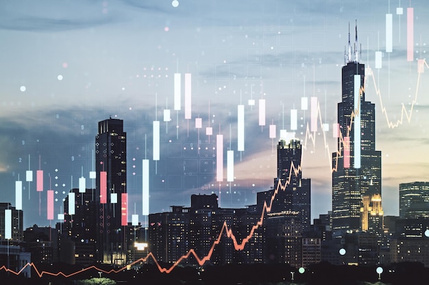 Multi esposizione dell'ologramma grafico finanziario virtuale astratto sullo sfondo dello skyline di Chicago forex e concetto di investimento