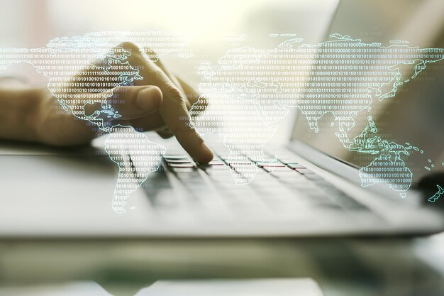 Multi exposure of abstract creative digital world map and hands typing on computer keyboard on background tourism and traveling concept