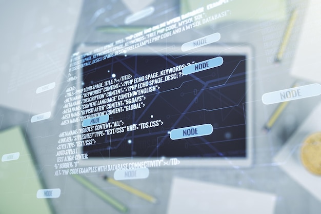 Multi exposure of abstract graphic coding sketch and modern digital tablet on desktop on background top view big data and networking concept