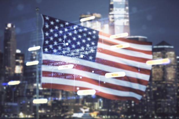 multi exposure of abstract graphic coding sketch on us flag and skyline background big data and networking concept