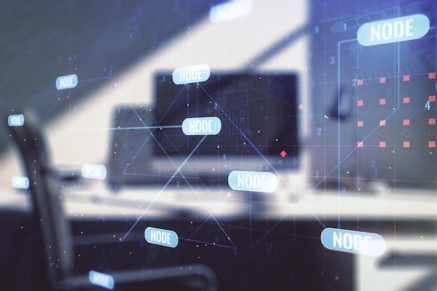 Multi exposure of abstract programming language hologram and modern desk with computer on background artificial intelligence and machine learning concept