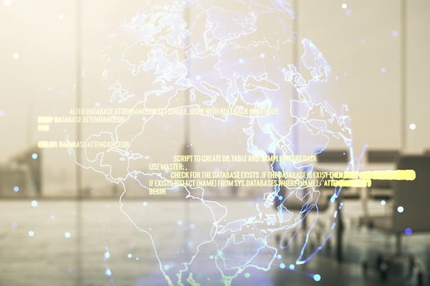 Multi exposure of abstract programming language hologram and world map on a modern furnished office interior background artificial intelligence and neural networks concept