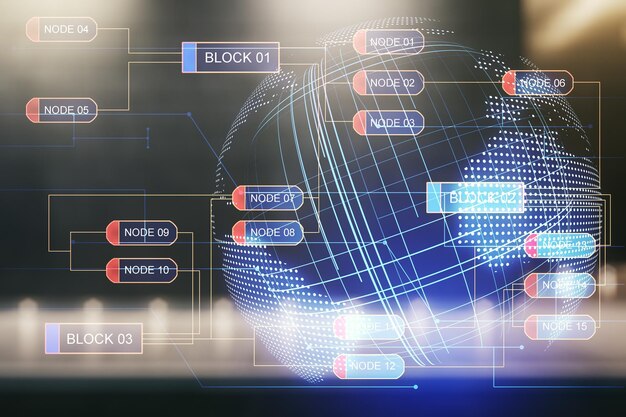 Multi exposure of abstract programming language hologram and world map on contemporary business center exterior background artificial intelligence and neural networks concept