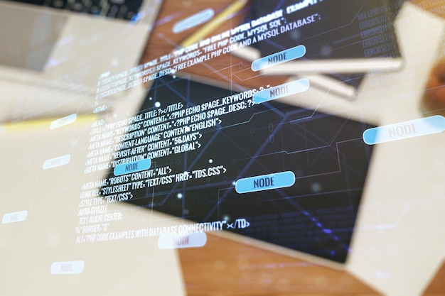 Multi exposure of abstract software development hologram and digital tablet on background top view research and analytics concept