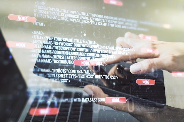 Multi exposure of abstract software development hologram and finger presses on a digital tablet on background research and analytics concept