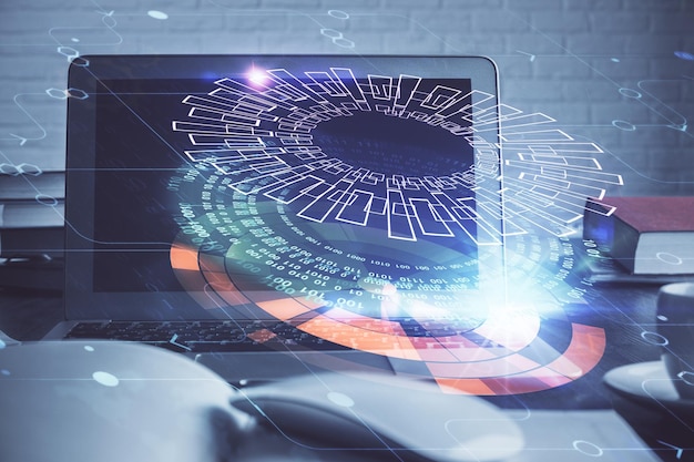 multi exposure of computer on background and technology theme drawing concept of innovation