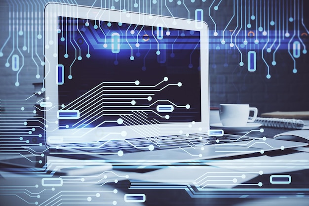 multi exposure of computer on background and technology theme drawing concept of innovation